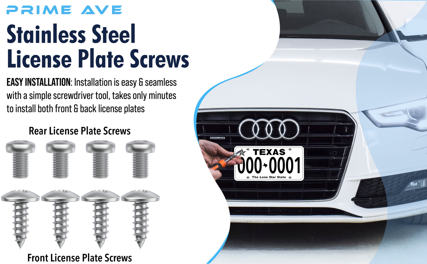 Prime Ave Stainless Steel License Plate Screws Compatible with Audi A3 A4 A5 A6 A7 A8 S3 S4 S5 S6 S7 S8 RS3 RS4 RS5 RS6 RS7 Q3 Q4 Q5 Q7 Q8 SQ5 SQ7 SQ8 RS Q8 TT TTS TT RS R8 E-tron (Standard Length)