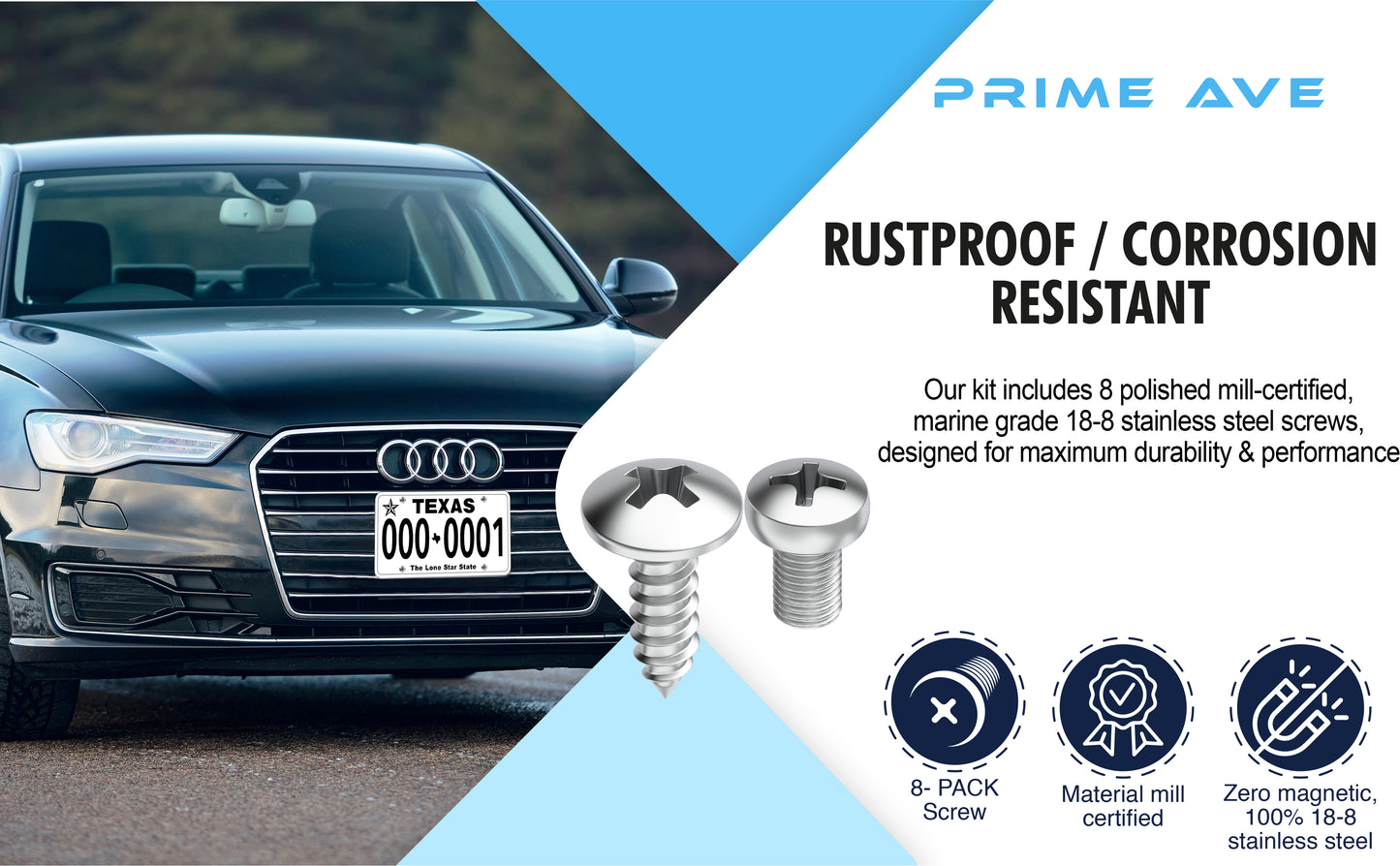 Prime Ave Stainless Steel License Plate Screws Compatible with Audi A3 A4 A5 A6 A7 A8 S3 S4 S5 S6 S7 S8 RS3 RS4 RS5 RS6 RS7 Q3 Q4 Q5 Q7 Q8 SQ5 SQ7 SQ8 RS Q8 TT TTS TT RS R8 E-tron (Standard Length)
