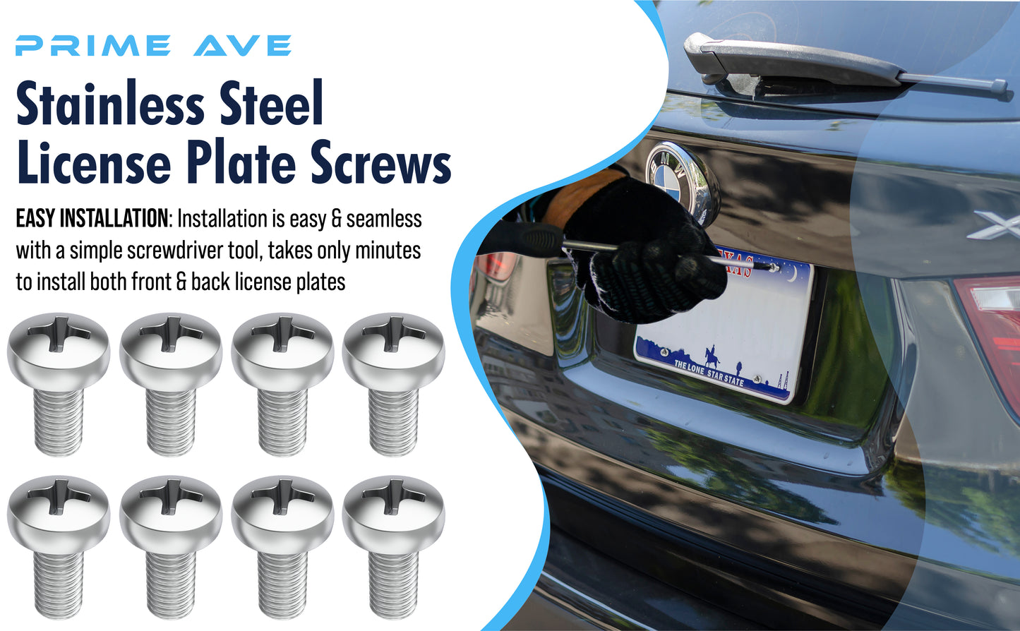 Prime Ave Standard Length Stainless Steel License Plate Screws Compatible/Replacement for All BMW Models (Pack of 8)
