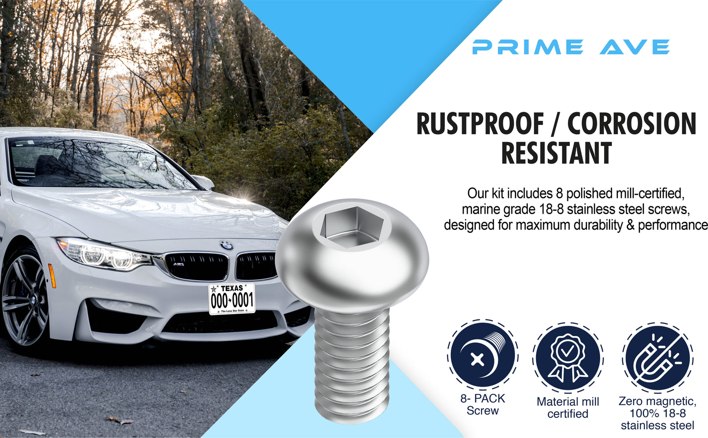 Prime Ave Socket Head Standard Length Stainless Steel License Plate Screws Compatible/Replacement for All BMW Models (Pack of 8)