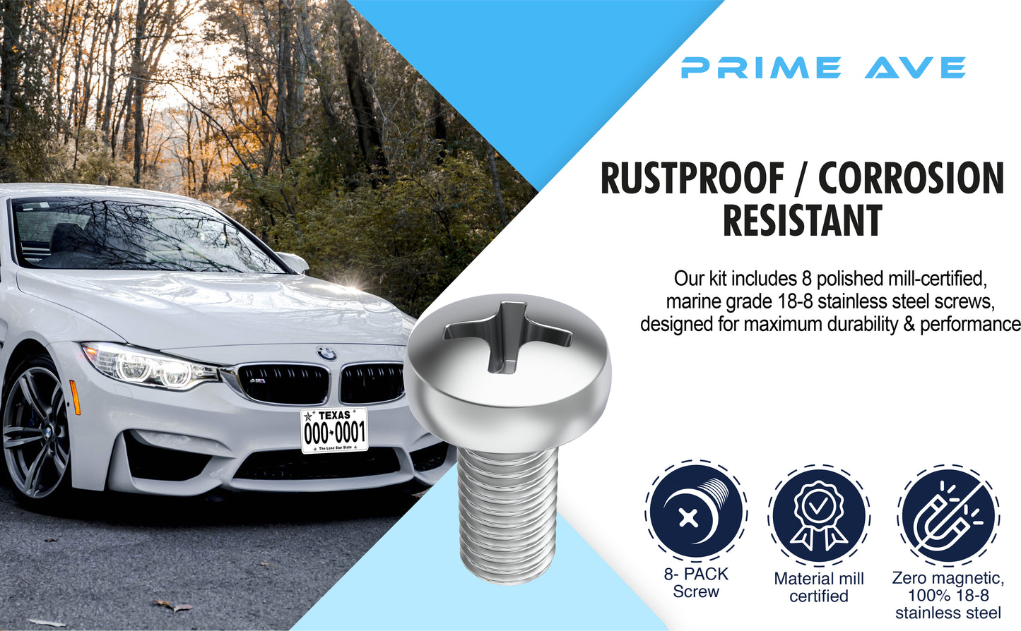 Prime Ave Standard Length Stainless Steel License Plate Screws Compatible/Replacement for All BMW Models (Pack of 8)
