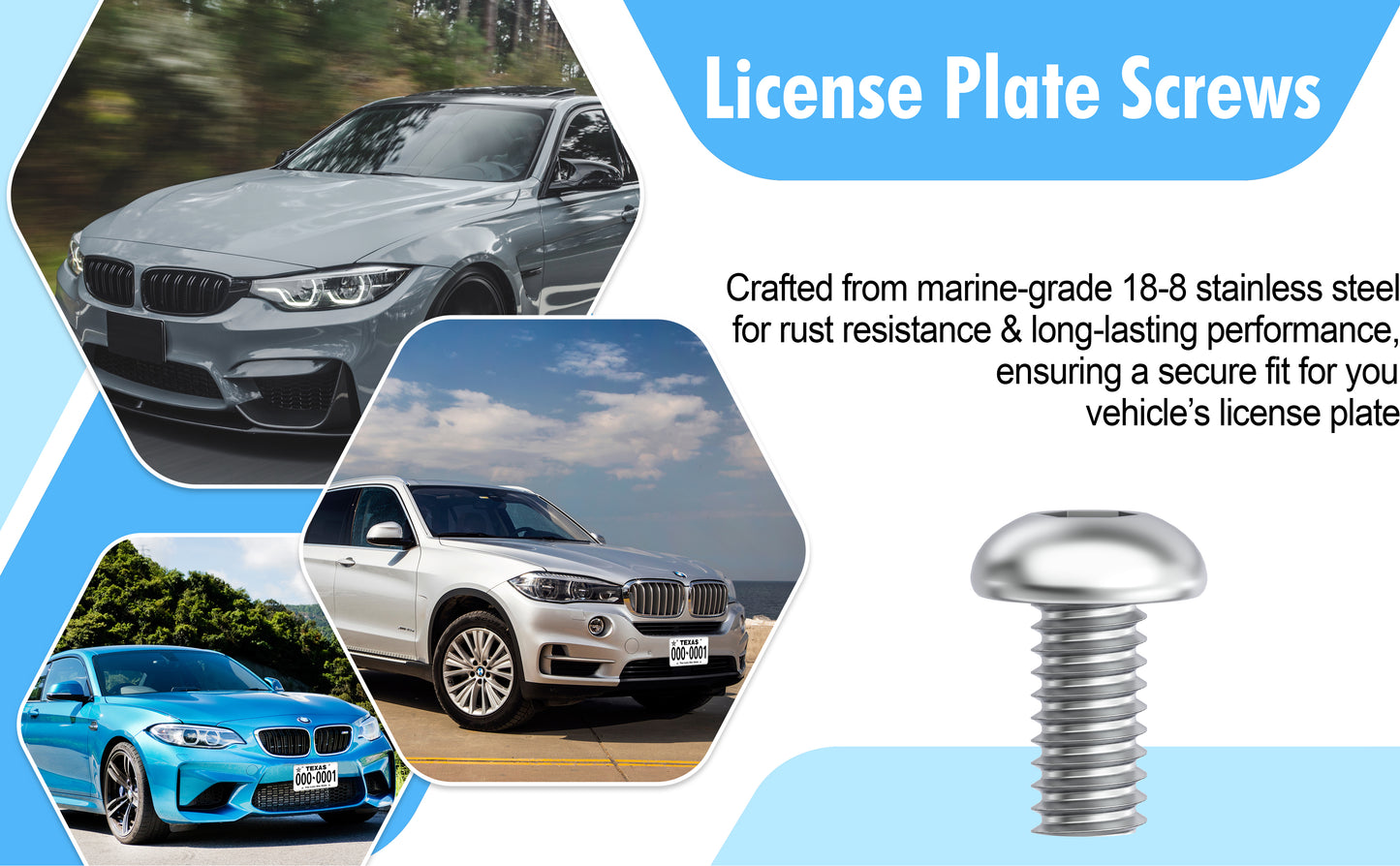 Prime Ave Socket Head Standard Length Stainless Steel License Plate Screws Compatible/Replacement for All BMW Models (Pack of 8)