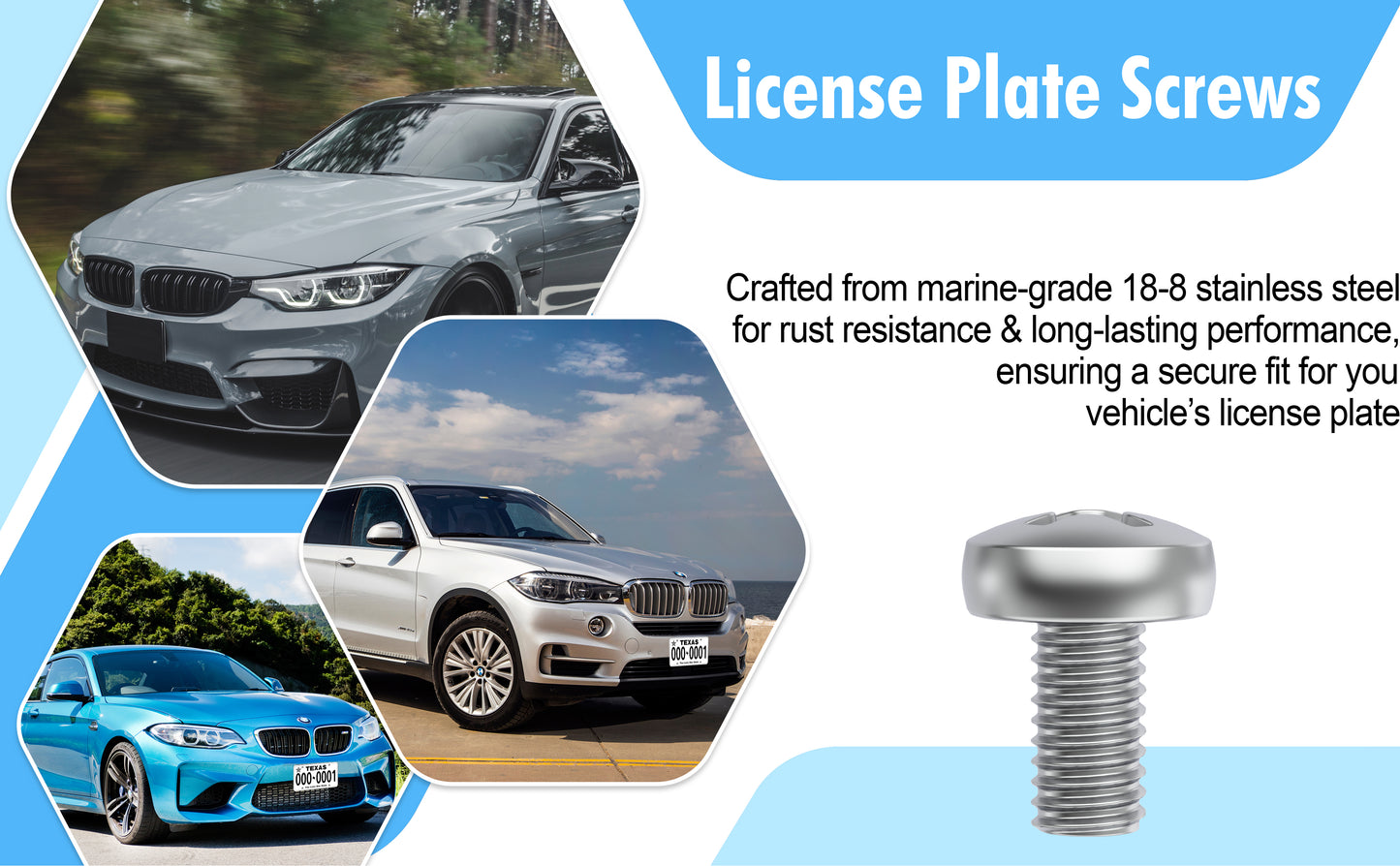 Prime Ave Standard Length Stainless Steel License Plate Screws Compatible/Replacement for All BMW Models (Pack of 8)