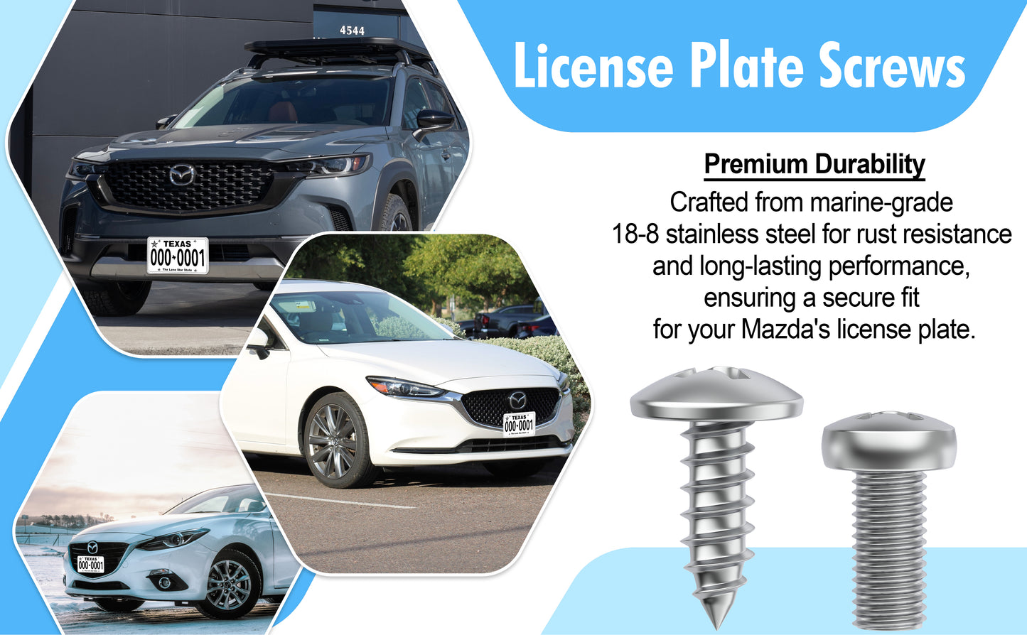 Prime Ave Stainless Steel License Plate Screws Compatible/Replacement for Mazda
