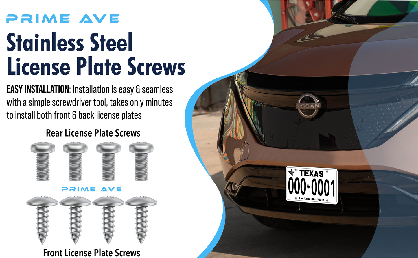 Prime Ave Stainless Steel License Plate Screws Compatible/Replacement for Nissan & Infiniti (Extended Length)