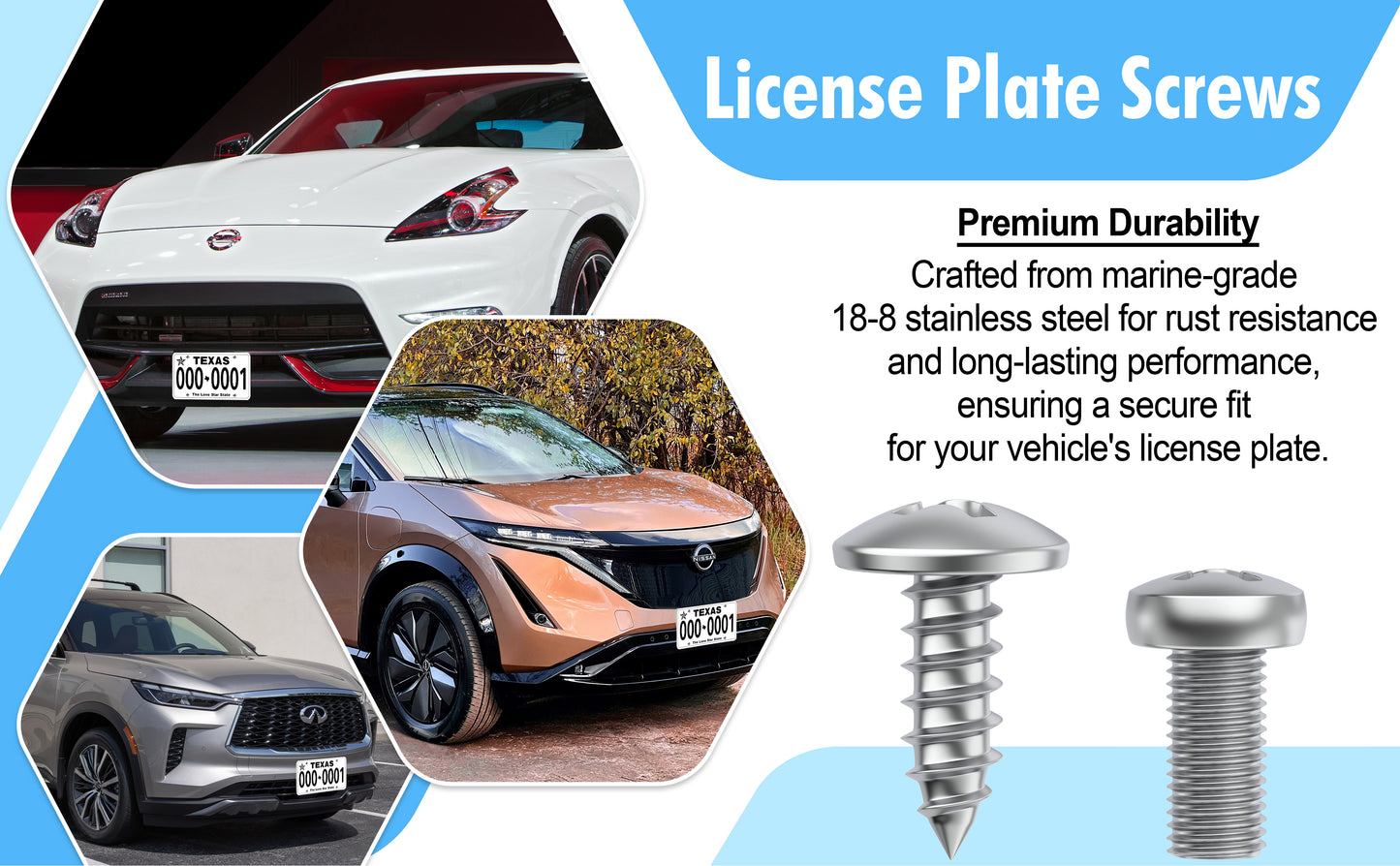 Prime Ave Stainless Steel License Plate Screws Compatible/Replacement for Nissan & Infiniti (Extended Length)