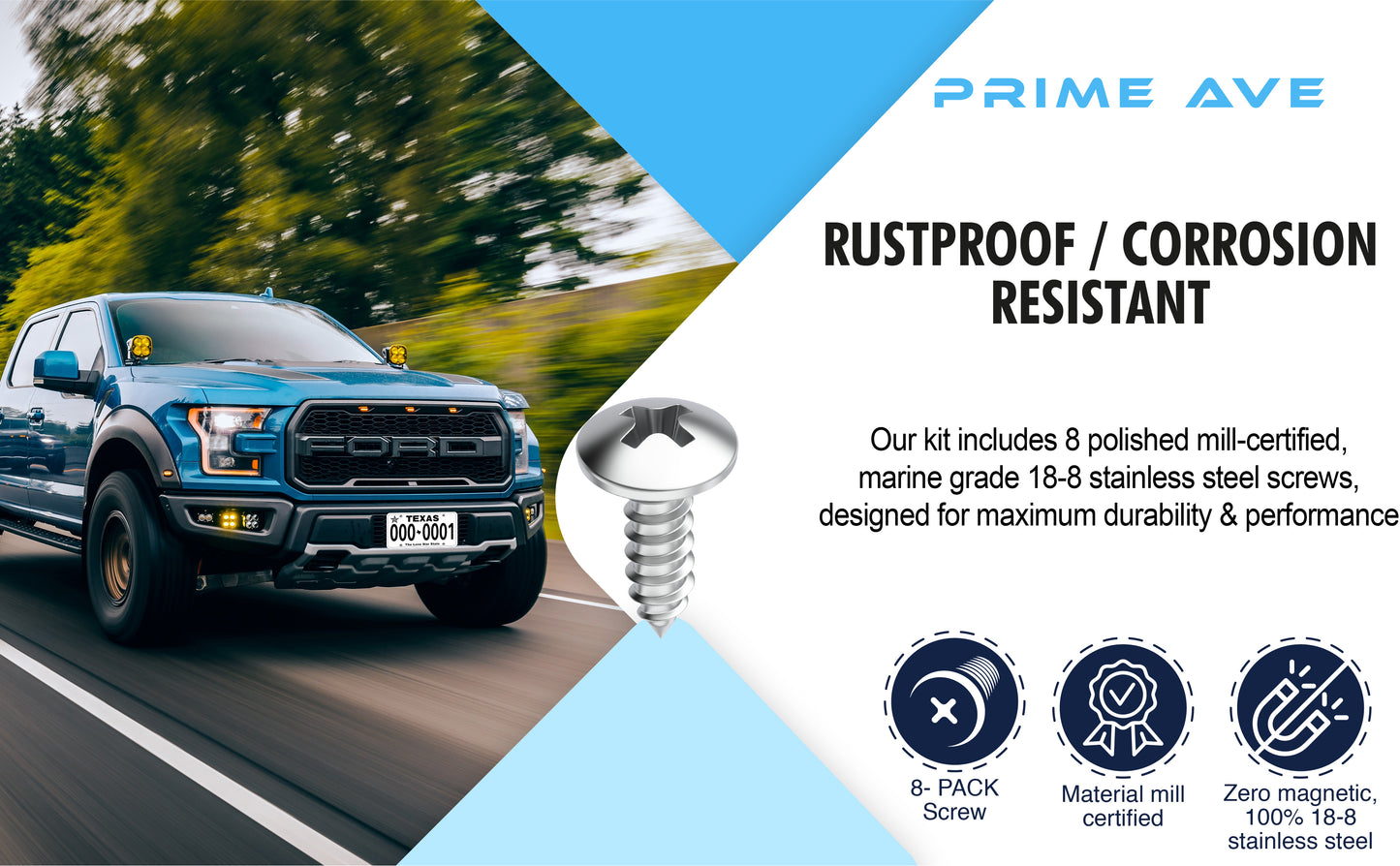 Prime Ave Stainless Steel License Plate Screws Compatible with Ford Lincoln (Pack of 8)