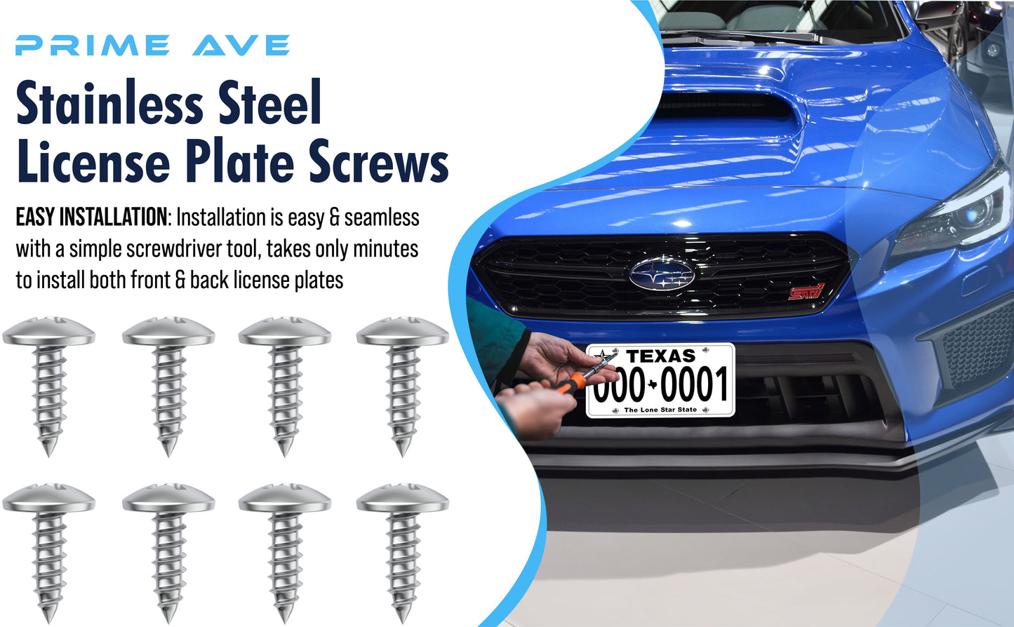 Prime Ave Stainless Steel License Plate Fastener Screws Compatible with Subaru WRX BRZ Impreza Outback Forester Crosstrek Legacy Ascent (Pack of 8)
