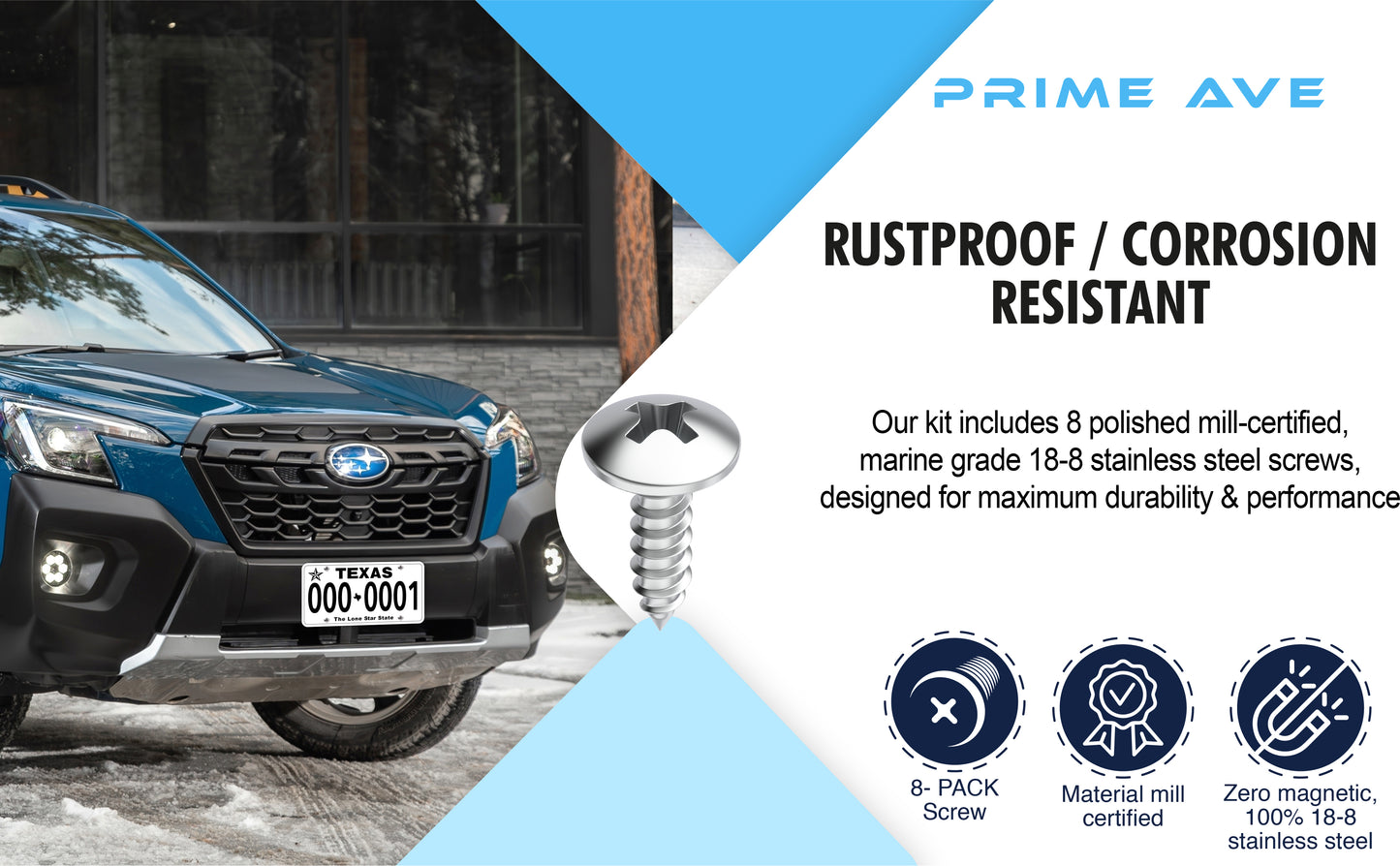 Prime Ave Stainless Steel License Plate Fastener Screws Compatible with Subaru WRX BRZ Impreza Outback Forester Crosstrek Legacy Ascent (Pack of 8)