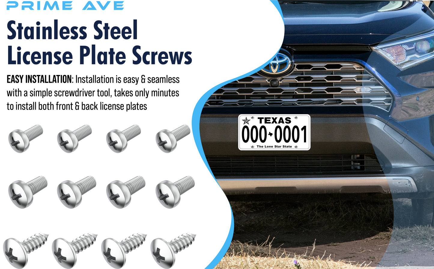 Prime Ave Stainless Steel License Plate Screws Compatible/Replacement for Lexus Scion & Toyota (Standard Length)