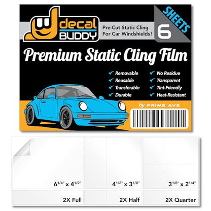 Prime Ave Windshield Sticker Decal Shield for Easy Application, Removable & Reuseable | No Residue Mess | Optical Clarity | 6 Sheets w/ 3 Pre-Cut Sizes