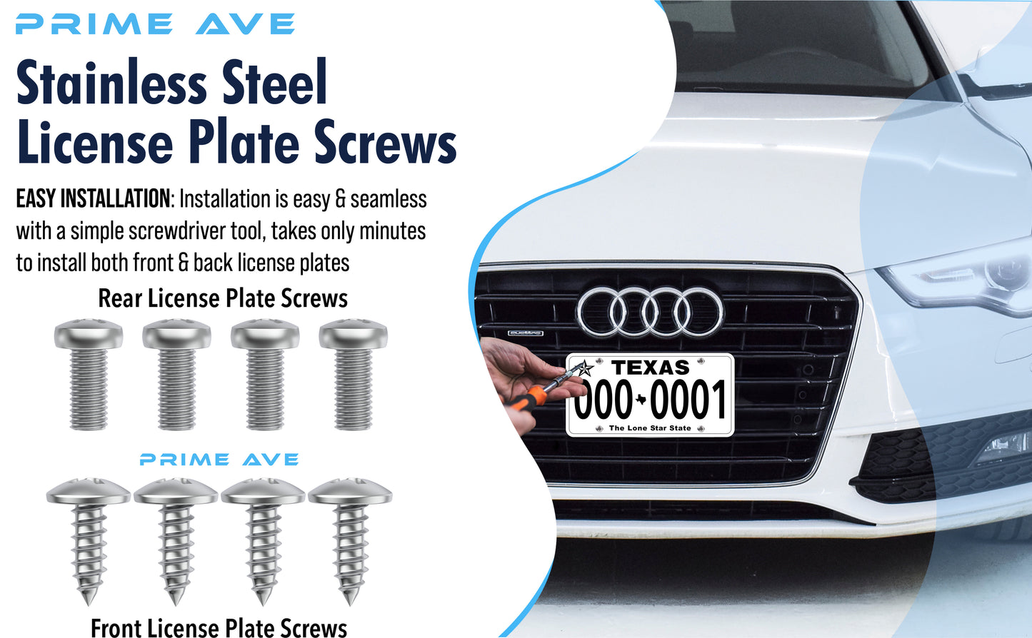 Prime Ave Stainless Steel License Plate Screws Compatible with Audi A3 A4 A5 A6 A7 A8 S3 S4 S5 S6 S7 S8 RS3 RS4 RS5 RS6 RS7 Q3 Q4 Q5 Q7 Q8 SQ5 SQ7 SQ8 RS Q8 TT TTS TT RS R8 E-tron (Extended Length)