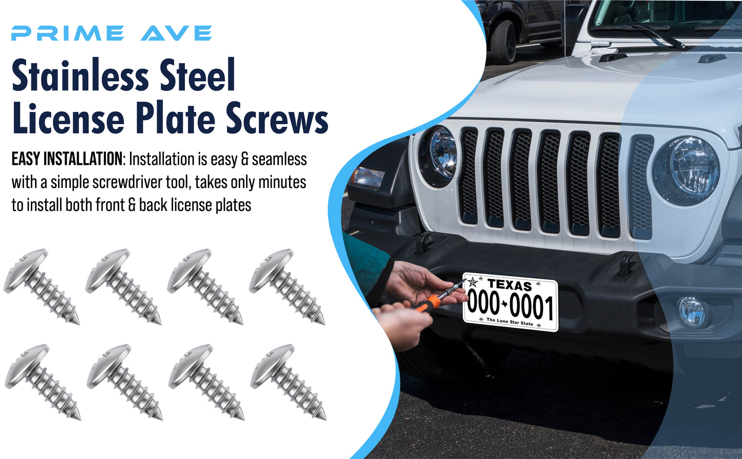 Prime Ave Stainless Steel License Plate Screws Compatible with Chrysler Dodge RAM Jeep (Pack of 8)