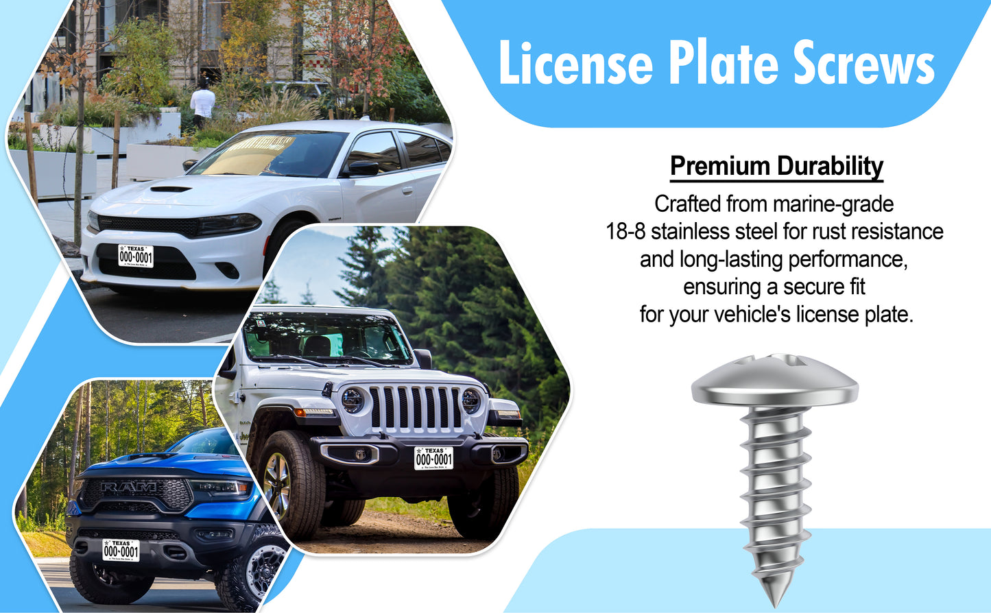 Prime Ave Stainless Steel License Plate Screws Compatible with Chrysler Dodge RAM Jeep (Pack of 8)