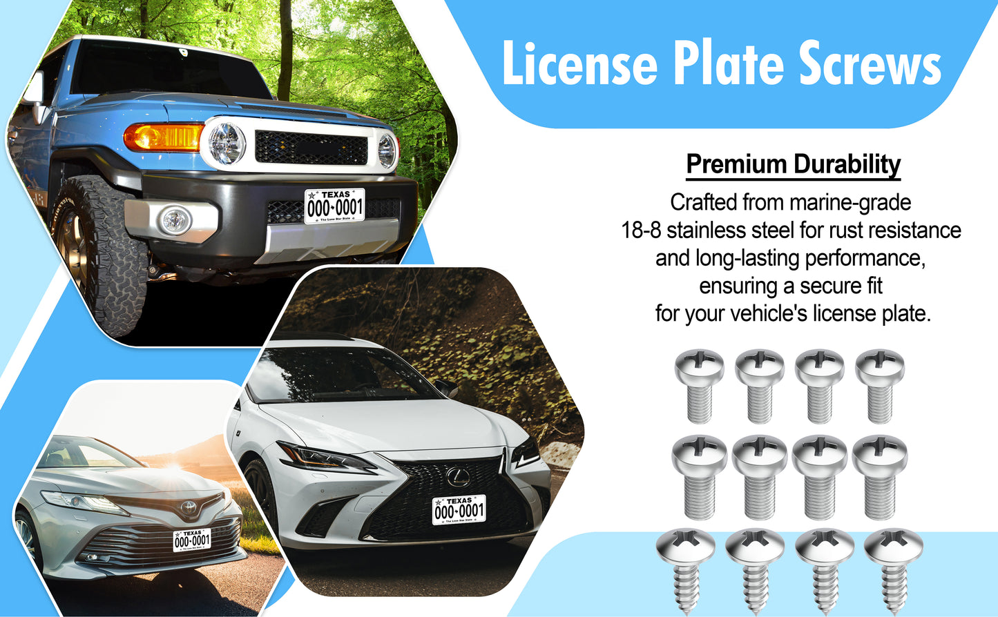 Prime Ave Stainless Steel License Plate Screws Compatible/Replacement for Lexus Scion & Toyota (Standard Length)